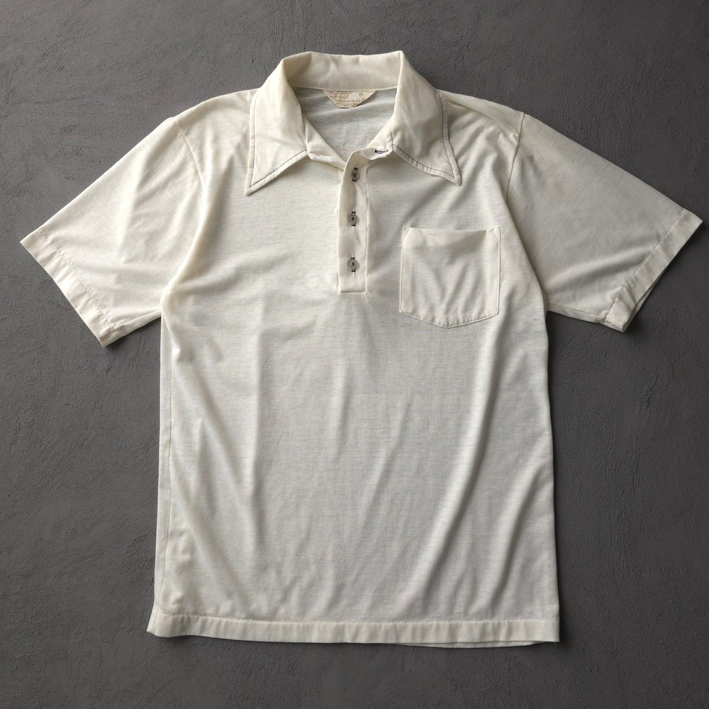 Vintage 70s David Harrison Cream Polo Shirt Medium Short Sleeve Pocket